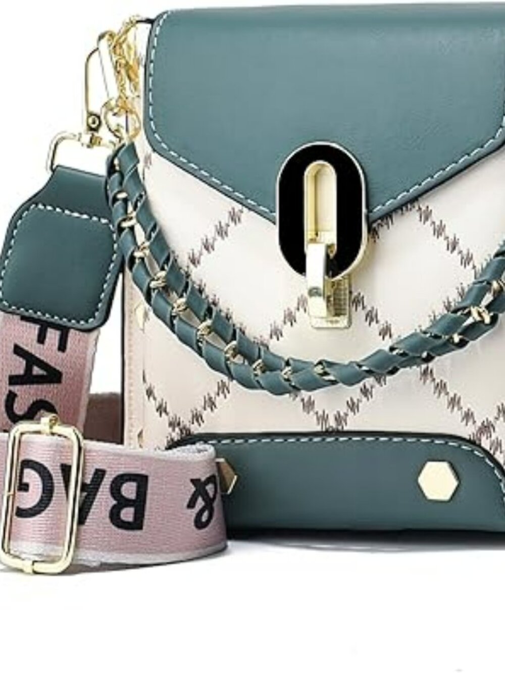 Crossbody Shoulder Bag NEW with Charm Clip Green with Wide Strap Trendy